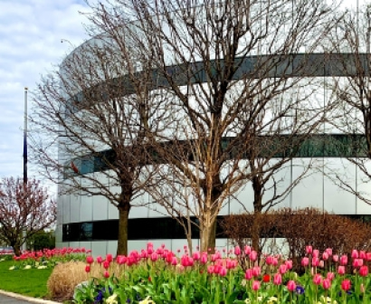 a building with a flower bed and trees